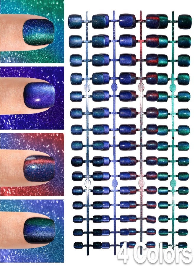 Allstarry Cat Eye Press on Nails, 15 Full Sizes Range Cat Eye Nails Press Ons 4 Changing Colors Cateye Presson Nail for Women 120pcs Chameleon Glossy Short Square Fake Nail Tips Stick DIY Salon - Image 3